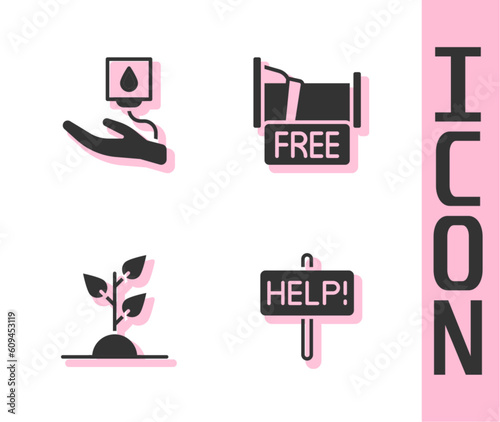 Set Help sign, Blood donation, Volunteer team planting trees and Free overnight stay house icon. Vector