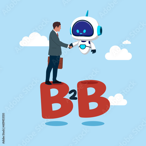 Confidence human and robot handshake to agree business deal on alphabet B2B. B2B business to business marketing. Flat vector illustration