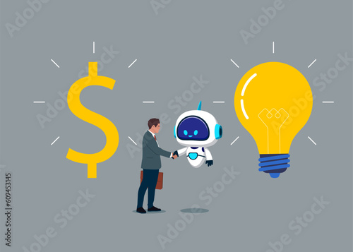 Businessman and robot with artificial intelligence shaking hands.  Financial investments in creative projects and into innovation. Flat vector illustration.