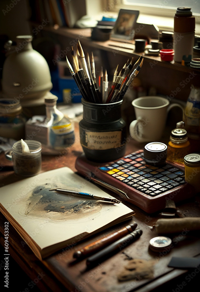 Artist's desktop, with brushes and paints. AI Generated Artist's desktop, with brushes and paints. AI Generated