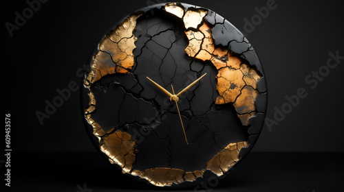 Gold painted clock on black background. the clock is broken into pieces. time is money,  don't waste time concept. 