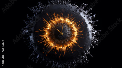 Gold painted clock on black background. the clock is broken into pieces. time is money,  don't waste time concept. 