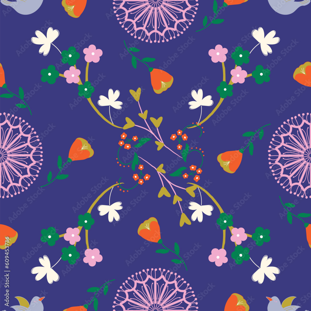 Symmetric fun backyard-birds and flowers seamless pattern. Symmetric fun backyard-birds and flowers seamless pattern.