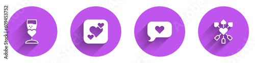 Set Glass of champagne, Heart, in speech bubble and Amour with heart and arrow icon with long shadow. Vector