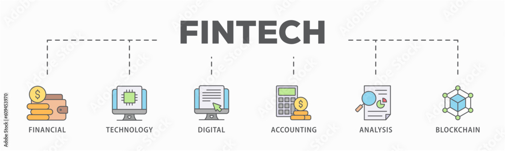 Fintech banner web icon vector illustration concept with icon of financial, technology, digital, accounting, analysis and blockchain Fintech banner web icon vector illustration concept with icon of financial, technology, digital, accounting, analysis and blockchain