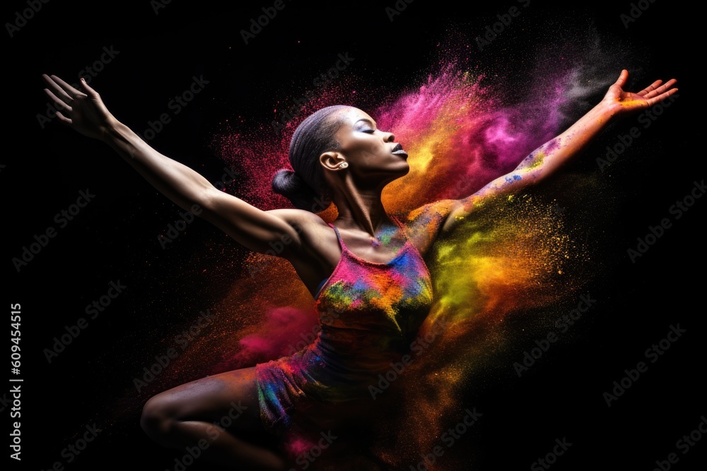 Black woman ballet dancer jumping with multi color powder spreading in the background. AI generative art - obrazy, fototapety, plakaty 