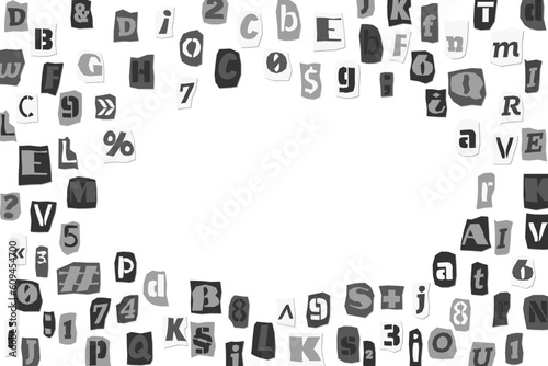 Black and white ransom collage style letters numbers and punctuation marks cut from newspapers and magazines background. Vintage ABC punk alphabet Vector illustration