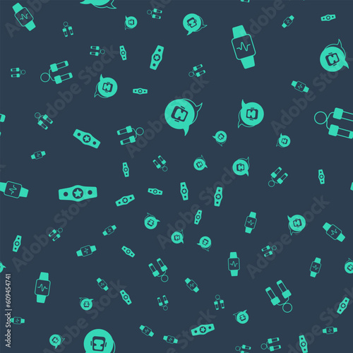 Set Boxing helmet, Smart watch with heart, belt and Jump rope on seamless pattern. Vector
