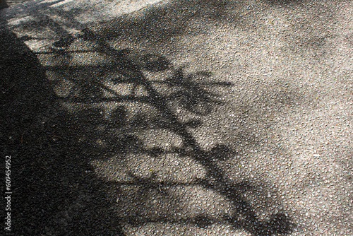 Dark shadow of metal old architecture house fence on grey city street asphalt road background top view