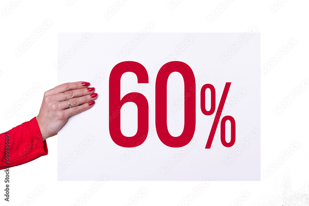 Female hand holding a 60% poster on transparent background. Studio shot. Commercial concept.