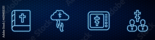 Set line Online church pastor preaching, Holy bible book, God's helping hand and Priest. Glowing neon icon on brick wall. Vector
