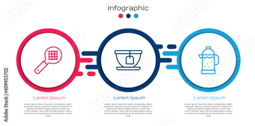 Set line Tea strainer with handle, Cup tea bag and French press. Business infographic template. Vector