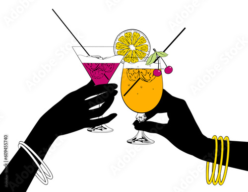 Black silhouette of female hand holding a cocktail. Women's hands with fruit cocktails and a slice of lemon and cherry. The theme of vacation and happy holidays. Vector illustration