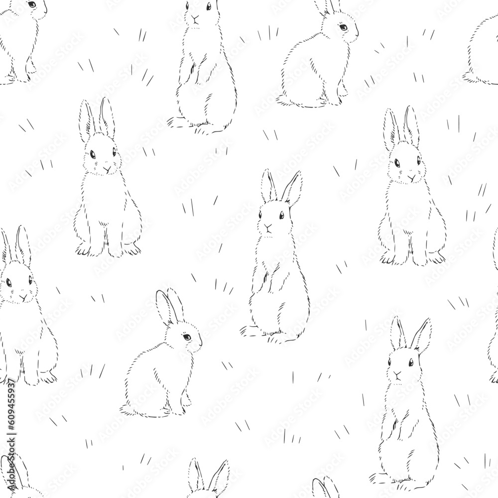 Vector hand-drawn seamless pattern with rabbits isolated on white ...
