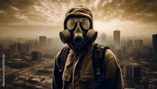 An evocative photograph of a person wearing a gas mask change climate Generated by IA
