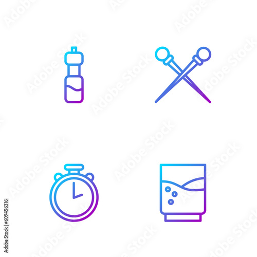 Set line Glass with water  Stopwatch  Bottle of and Knitting needles. Gradient color icons. Vector