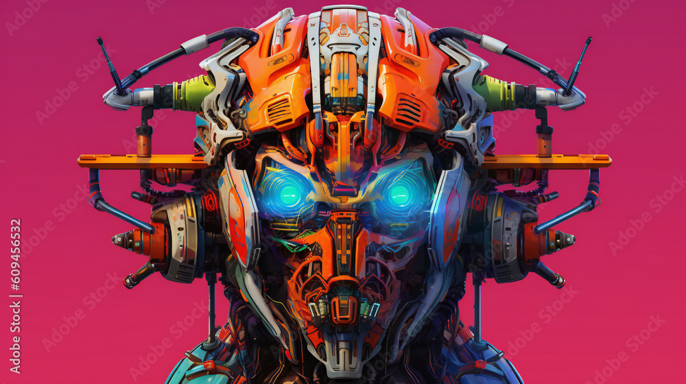 Cyberpunk battle mech head bright colors intricate Cyberpunk battle mech head bright colors intricate