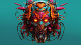 Cyberpunk battle mech head bright colors intricate
