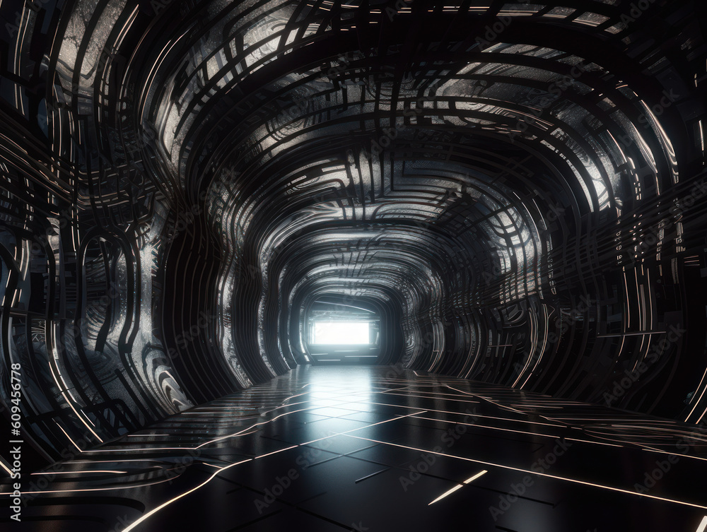 Abstract futuristic tunnel corridor with glowing lights and reflections Science fiction style Created with Generative AI technology
