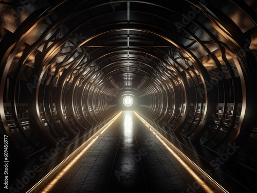 Abstract futuristic tunnel corridor with glowing lights and reflections Science fiction style Created with Generative AI technology