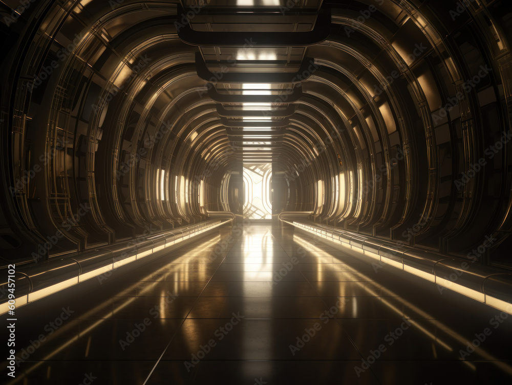 Abstract futuristic tunnel corridor with glowing lights and reflections Science fiction style Created with Generative AI technology