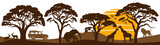 Africa Safari Savanna landscape background banner panorama for logo - Brown silhouette of wild animals, trees, vehicle and sun, isolated on white background (Generative Ai)