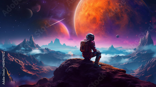 Synthwave astronaut on an alien planet looking out. IA generative.
