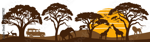 Africa Safari Savanna landscape background banner panorama for logo - Brown silhouette of wild animals  trees  vehicle and sun  isolated on white background  Generative Ai 