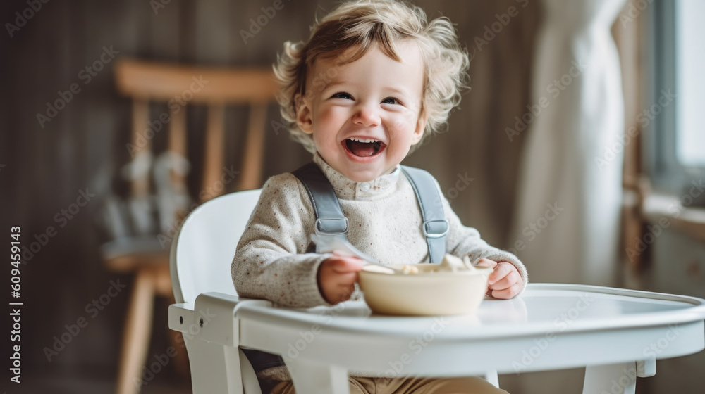 Laughing boy sits in baby chair eating porridge created with generative AI technology Laughing boy sits in baby chair eating porridge created with generative AI technology