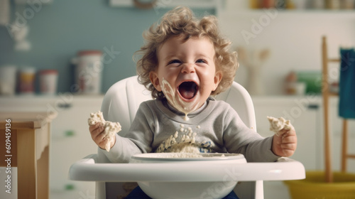 Laughing boy sits in baby chair eating porridge created with generative AI technology