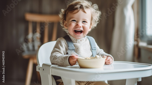 Laughing boy sits in baby chair eating porridge created with generative AI technology photo