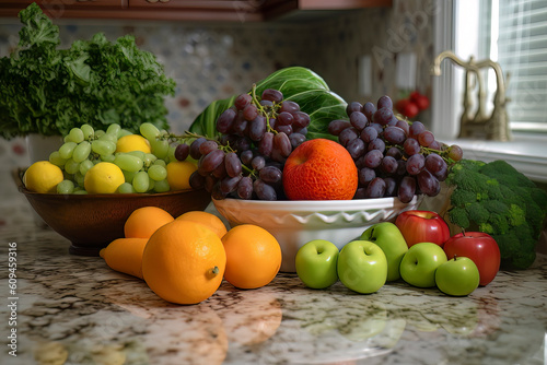Fruits and Vegetables on a kitchen counter