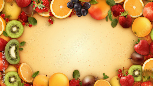 Fototapeta Naklejka Na Ścianę i Meble -  Fruit frame background for restaurant menu. IA generative.