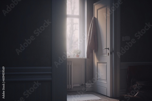 Cozy scandinavian interior style hallway with an open door and a closed door