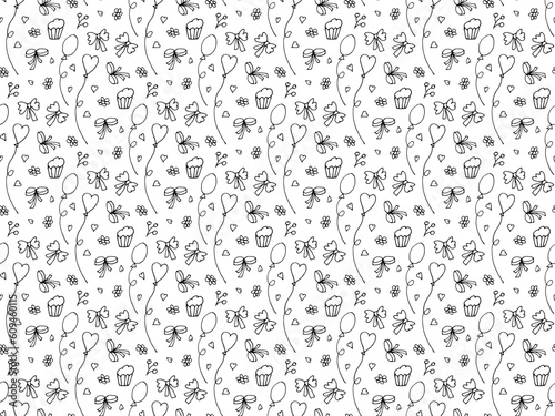 Holiday Doodle background. Seamless pattern with bows  ribbon  balloons  cupcake  heart shape elements in line style. Freehand Repeated vector for wallpaper  wrapping paper  textile  scrapbooking.