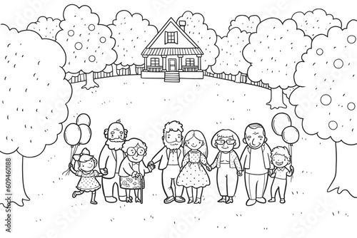 A family standing around in the courtyard of their house. Vector hand-drawn illustration for coloring book.