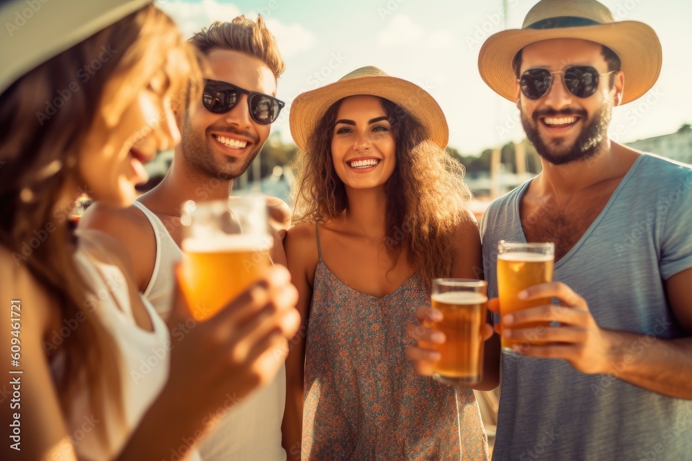 Group of young friends laughing with cold beers at summer party. Generative AI Group of young friends laughing with cold beers at summer party. Generative AI