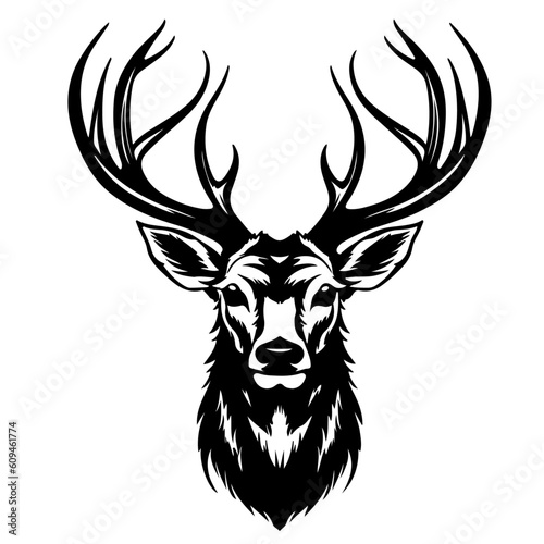 Wildlife forest animal portrait symbol for logo vector illustration - Black silhouette of deer head with horns  stag  hart  isolated on white background  Generative Ai 
