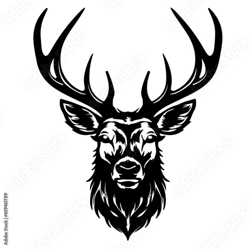 Wildlife forest animal portrait symbol for logo vector illustration - Black silhouette of deer head with horns, stag, hart, isolated on white background (Generative Ai)