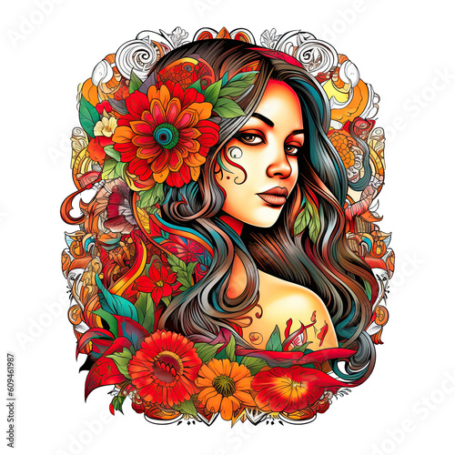 Tattoo style portrait of chicano girl, Mexican woman with flowers art, isolated. Generative AI photo