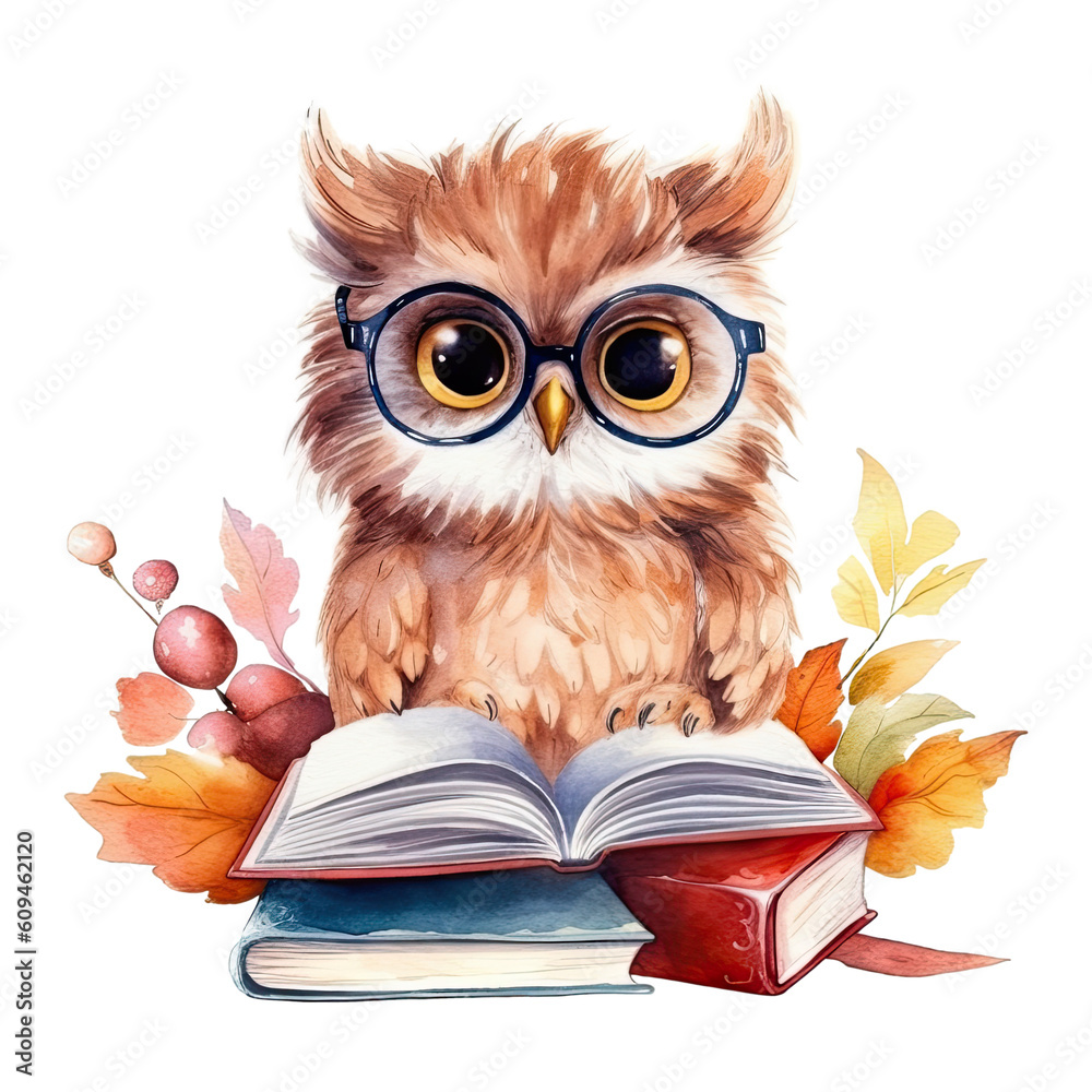 Fototapeta Watercolor cute owl with glasses reading book, isolated. Generative AI