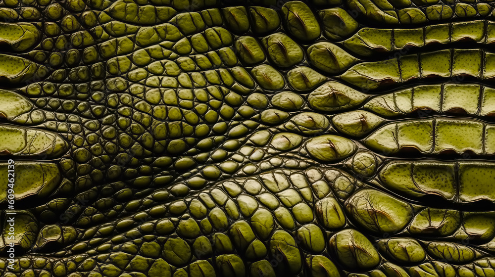 Green crocodile skin seamless pattern. Template for fabrics, textiles, paper, wallpaper, interior decoration. Generative AI illustration