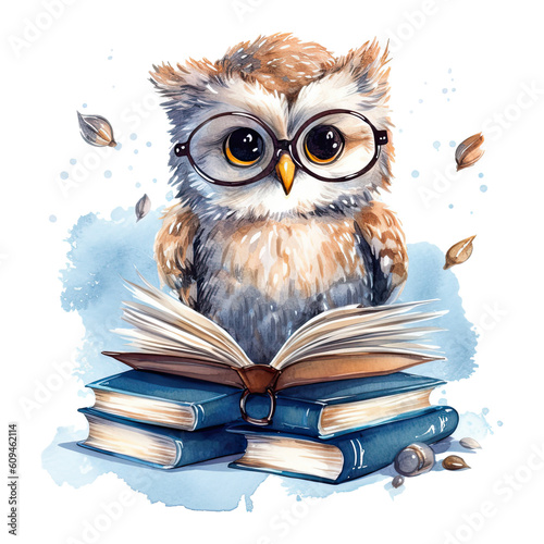 Watercolor cute owl with glasses reading book, isolated. Generative AI photo