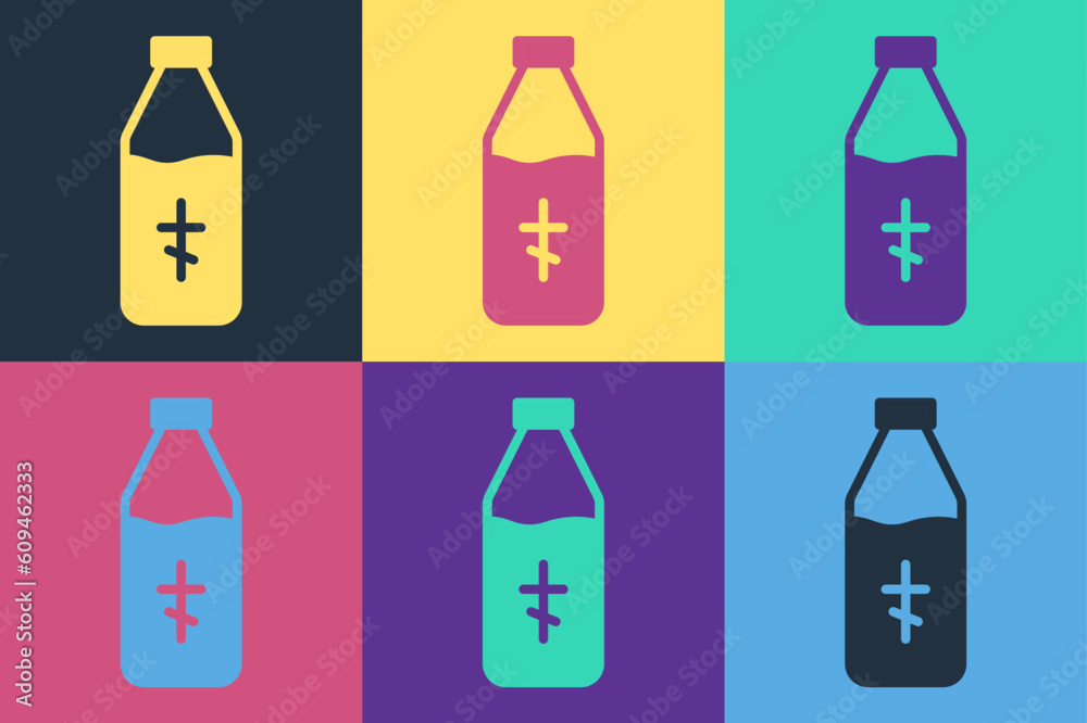 Pop art Holy water bottle icon isolated on color background. Glass flask with magic liquid. Vector Pop art Holy water bottle icon isolated on color background. Glass flask with magic liquid. Vector