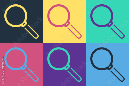 Pop art Magnifying glass icon isolated on color background. Search, focus, zoom, business symbol. Vector