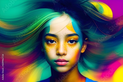 captivating portrait of a rebellious teen girl with striking patterns and sharp defined features that showcases the fusion of light make up glam with abstract patterns and vivid coloured hair
