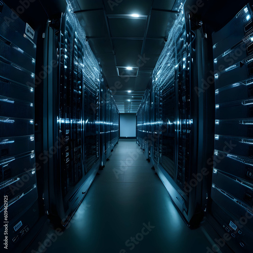An aerial view of a server room showcasing rows of blinking servers photo