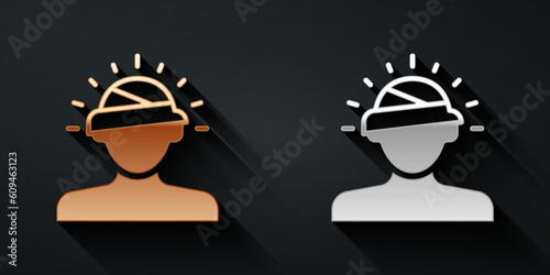 Gold and silver Concussion, headache, dizziness, migraine icon isolated on black background. Long shadow style. Vector