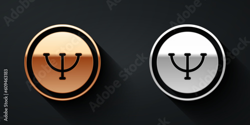 Gold and silver Psychology icon isolated on black background. Psi symbol. Mental health concept, psychoanalysis analysis and psychotherapy. Long shadow style. Vector