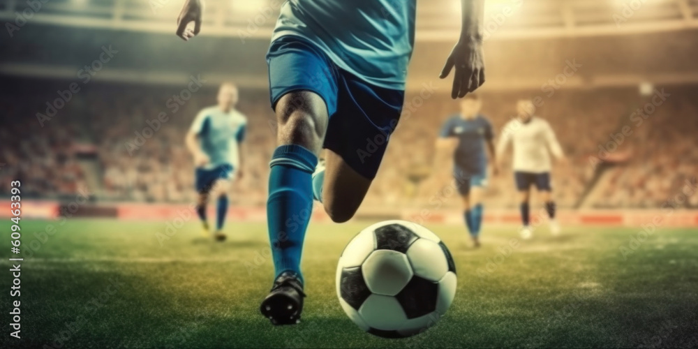 Cropped image of running soccer, football player at stadium during football match. Ai generative Cropped image of running soccer, football player at stadium during football match. Ai generative